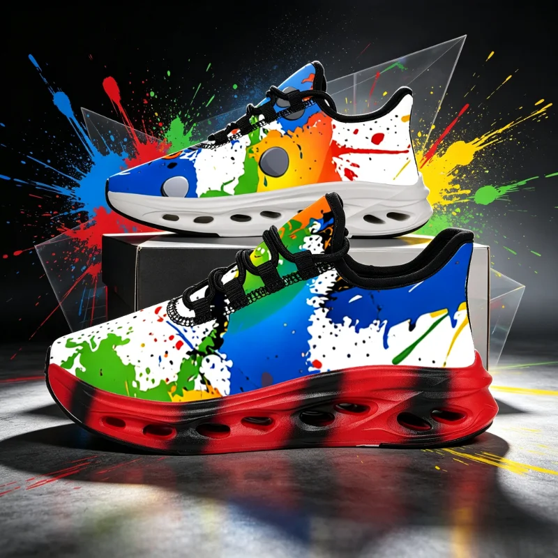 Men Women LaceUp Running Sneakers, Vibrant Graffiti PaintSplatter Abstract Print Design, HipHop Streetwear Fashion Style