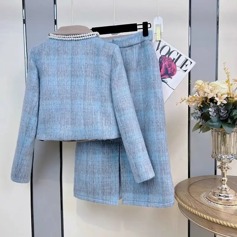 New Elegant Spring Winter Stylish Two Piece Skirt Set Women's Celebrity Woolen Tweed Coat with Half Skirt Two Piece Dresses Set