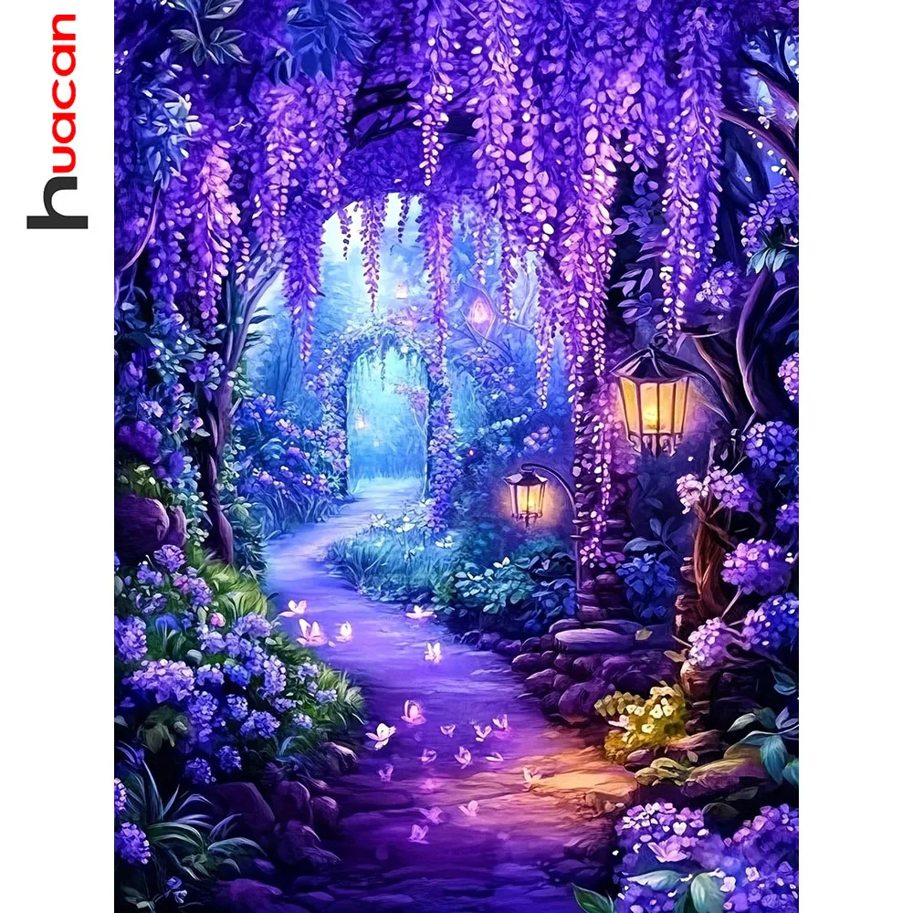 Huacan Vollquadrat Rundes Diamantgemälde Lila Lavendel Wald Diamant Mosaik Landschaft Kunst Wanddekoration