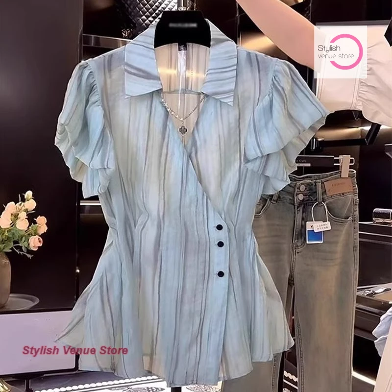 

French blue vertical stripes V-neck waist shirt female summer new fashion temperament design sense shirt slim western-style top.