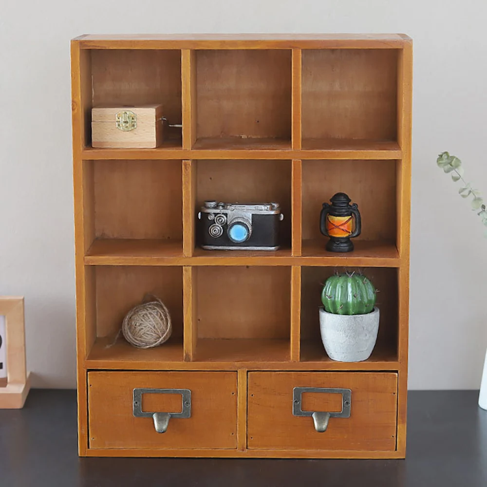 9 Cube Wooden Display Shelf With 2 Drawers Cosmetic Shelf Organizer Cabinet Desktop Storage Organizer Brown  Home Decoration