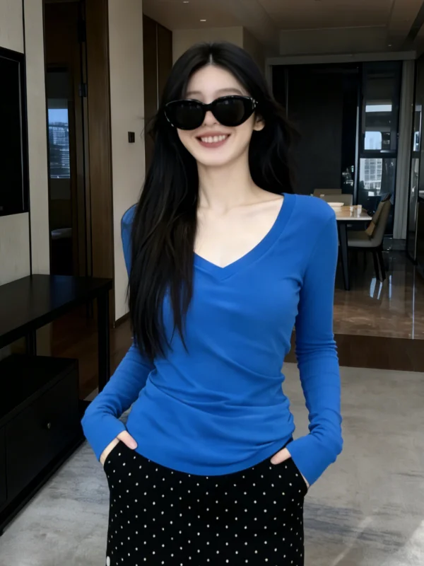 Korean Style Long Sleeve Slim Fit V-Neck T-Shirt Women's Spring Summer Sun Protection Versatile Top City Walk Casual Wear