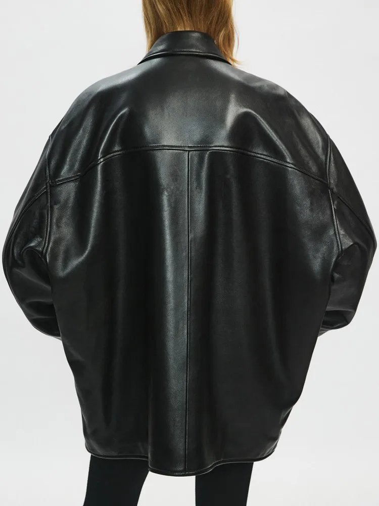 Retro Female Turn-Down Collar Genuine Leather Jacket Fashion Long Sleeves Zipper Coats Solid Color Sheepskin Motorcycle Outwear