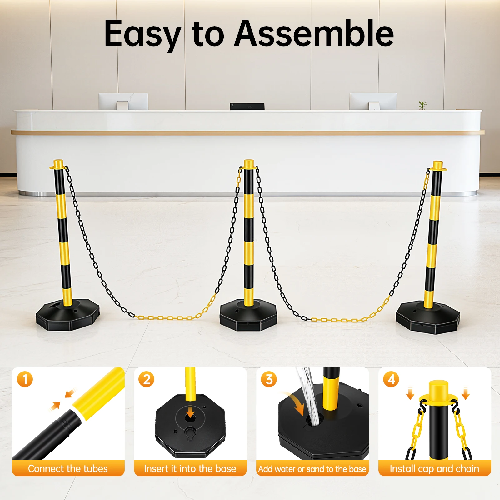 حزام حبل الحواجز دعامة السلامة 6 أعمدة 5x2 متر سلسلة 10 S خطاف ارتفاع قابل للتعديل 24 34 "أسود أصفر سياج التحكم في الحشود