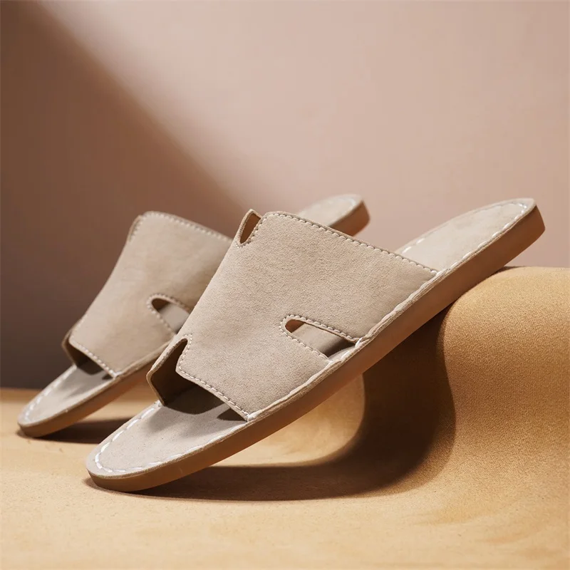 Men Full Grain Leather Hand Stitch Big Size Outdoor Beach Sandals Closed Non Slip Comfort Summer Water Shoes