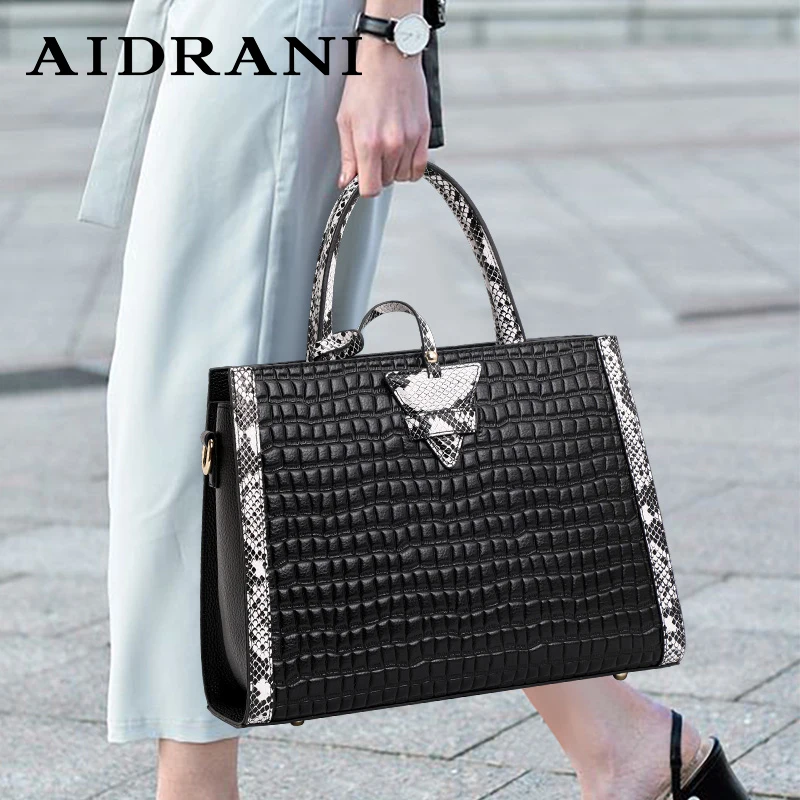 Aidrani Women\'s genuine leather handbag fashion crocodile patterned cowhide bag large capacity luxury brand bag