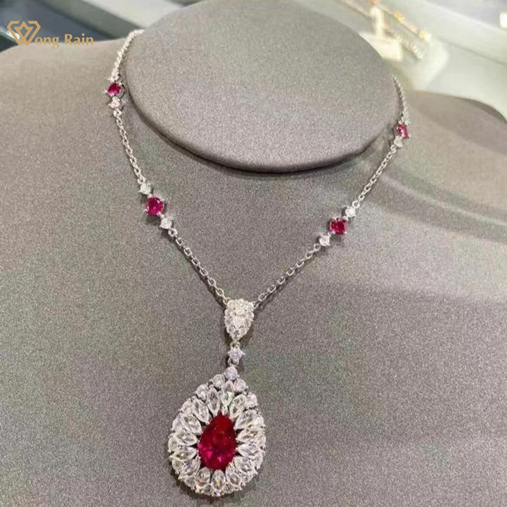 

Wong Rain 100% 925 Sterling Silver Pear Cut Ruby High Carbon Diamond Gems Water Drop Pendant Necklace Jewelry Anniversary Gifts