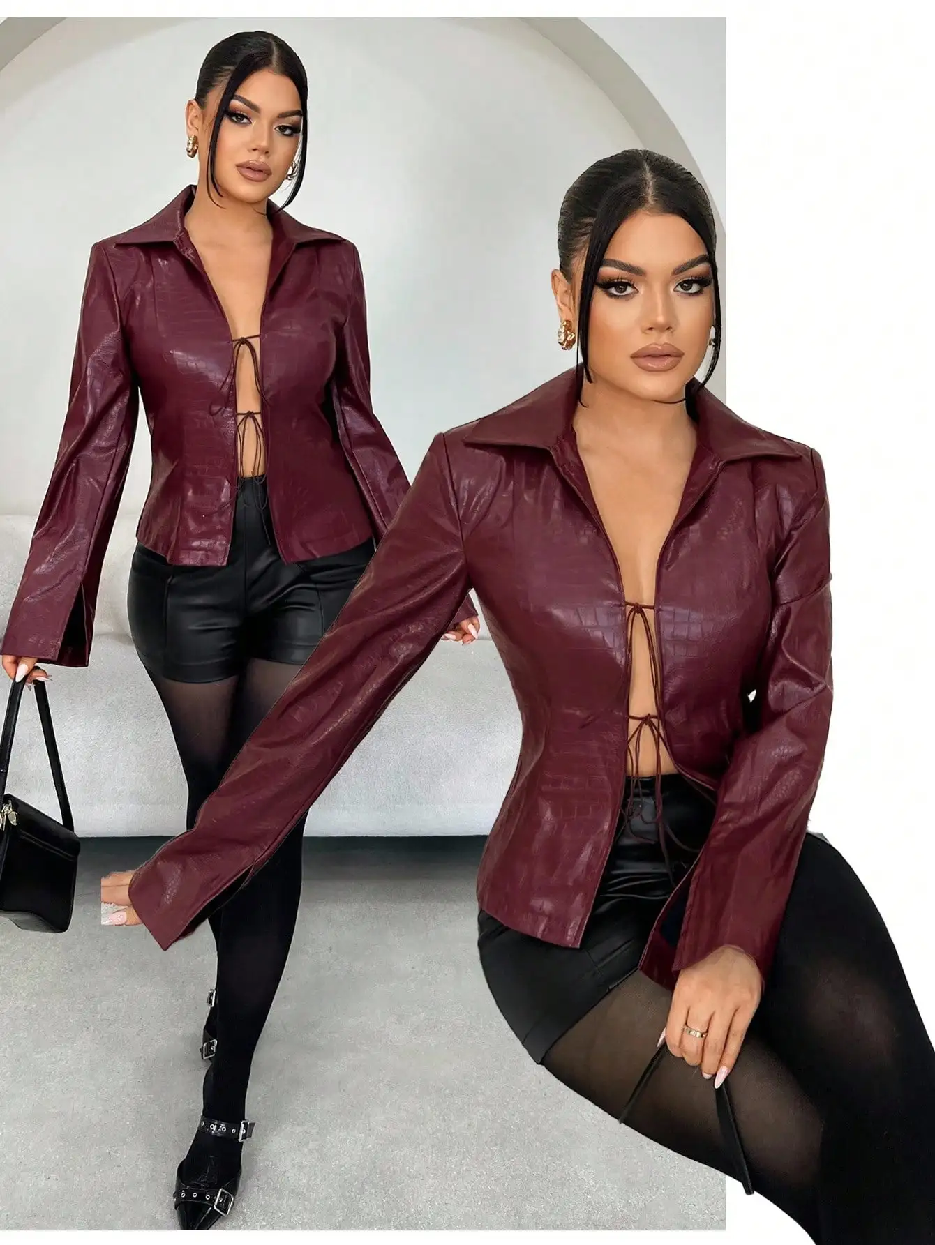 

Бордовая куртка из искусственной кожи с отложным воротником и шнуровкой спереди для женщин