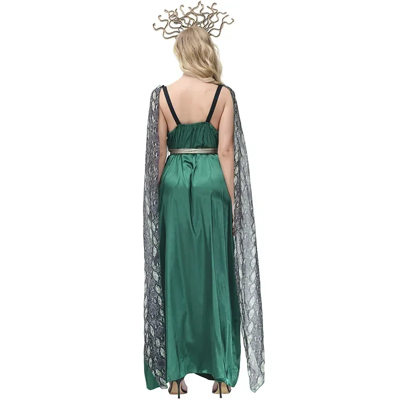 Halloween-Maskerade-Kostüm mit Serpentinenmuster, Schlitzkleid für Frauen, Hexenkleid in Grün, Kopfbedeckung, Umhang, Tüll – Detail 7