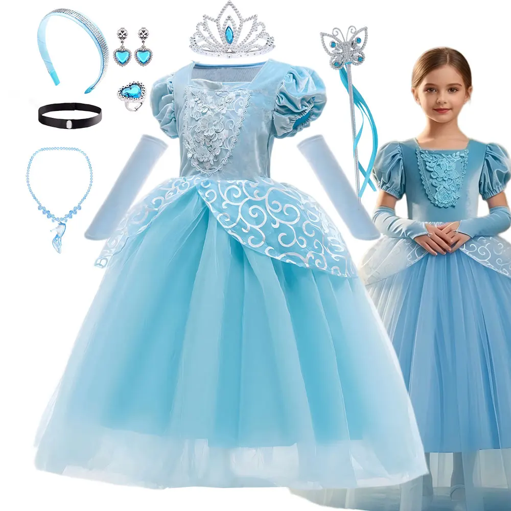 Fairy Tale  Costume Girl Blue Tulle Princess Dress Velvet Floral Lace Embroidery Cinderella Outfit Kid Birthday Cindy Party Gown