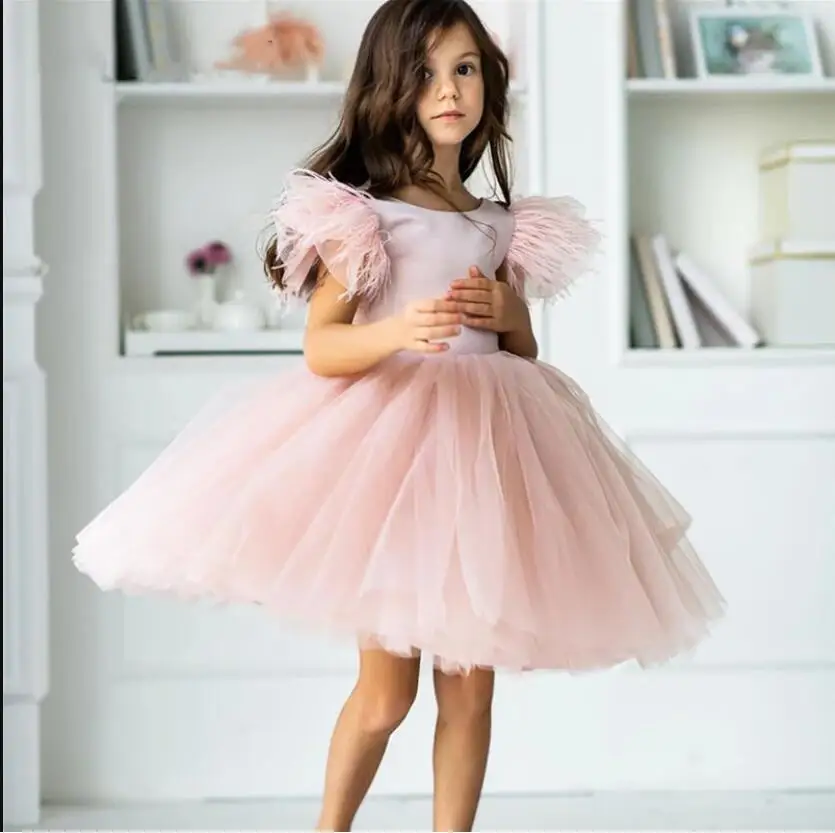 

Puffy Pink Flower Girl Dresses Satin Bow Kids Princess Dress Kids Birthday Party Dress New High Quality