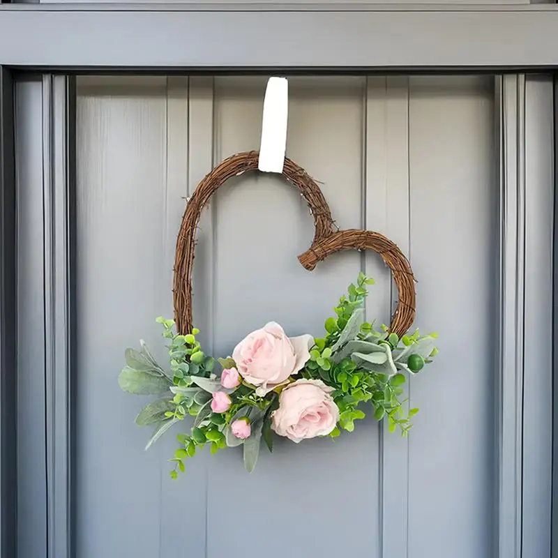 Heart Shaped Wreath for Front Door Handmade Vine Wreath With Flower And Eucalyptus Valentines Day Wedding party Home Decoration