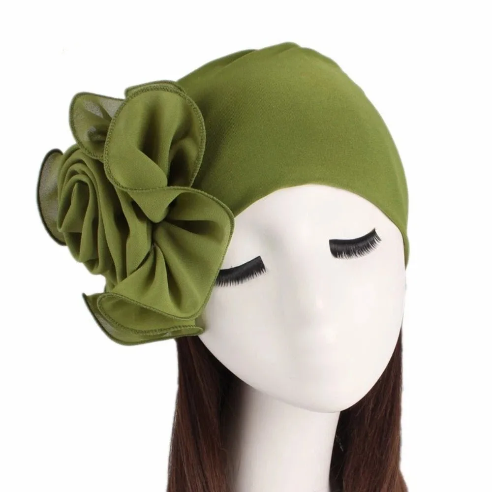 Big Flower Women's Turban Cap Elastic One Size Side Flower Ramadan Hijab Solid Color Breathable Islamic Headscarf