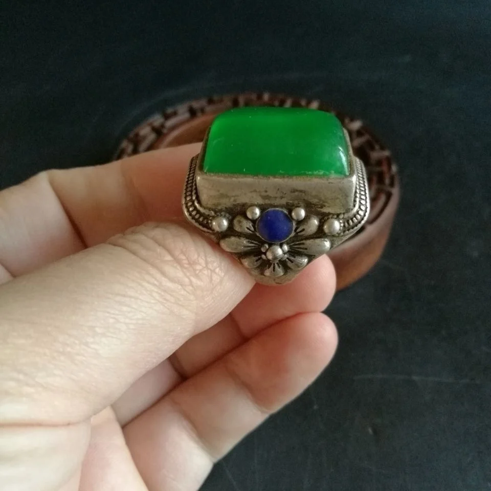 Old jadeite jade ice square ring surface, copper old silver inlaid open ring, silver finger wrench handicraft