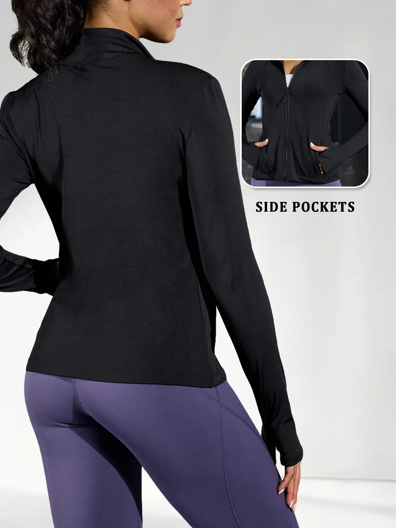 Dámská běžecká bunda na jógu, celopropínací zip s otvory pro palce, ideální na turistiku a další aktivity - náhled 4