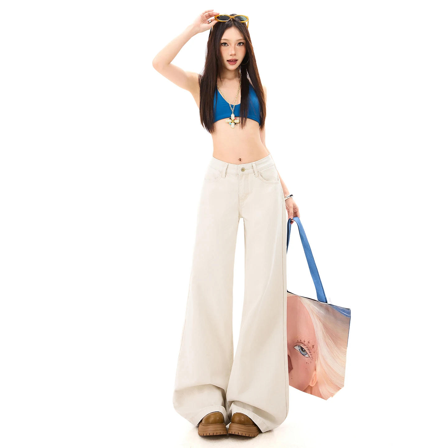 Low Waist American Style Denim Jeans Women's Spring Summer New Design Pocket Loose Slimming Drape Casual Floor-Length Wide Le...