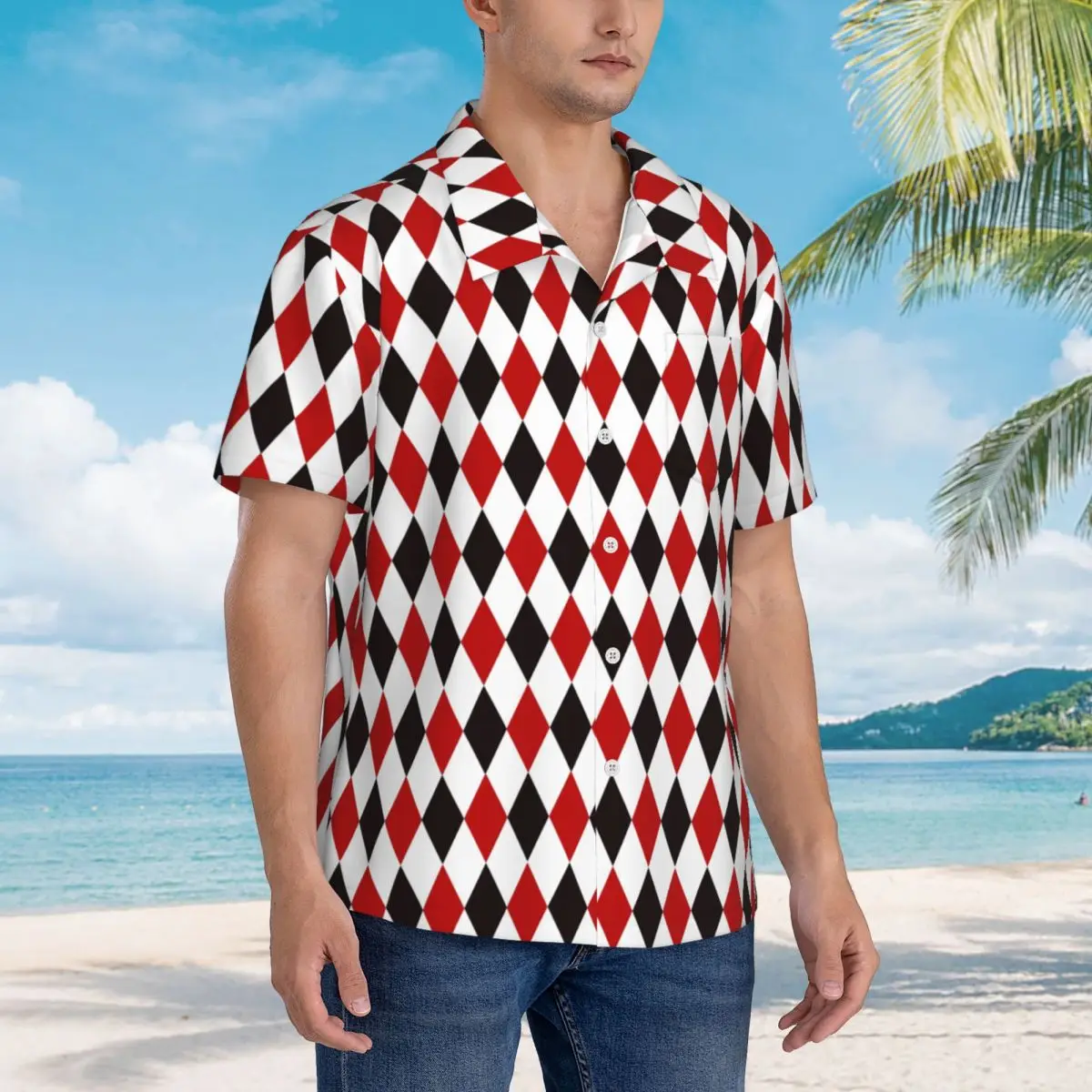 

Harlequin Plaid Playing Cards Diamond Hawaiian Shirts Fashion Men Short Sleeve Shirt for Summer Beach Men's Button Tops