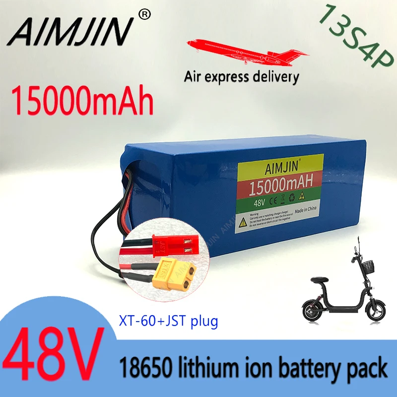 

48V 15ah 13s4p Li-Ion battery pack 48V 15000mAh for 54.6V Electric bicycle and scooter batteries 1000W with BMS XT60 JST Plug