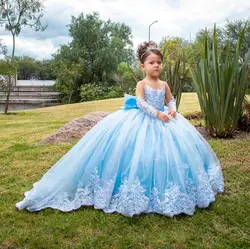 Lange Ärmel Blumen mädchen Kleider für Hochzeiten Kleinkinder Satin Bogen Ballkleid Festzug Kleid funkelnd 1. Kommunion Party kleider