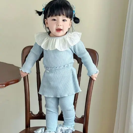 Baby Spring Autumn Pit Strips Lotus Leaf Collar Long Sleeve Top Skirt and Pants Two Piece Set Girls Baby Elegant Sweet Set