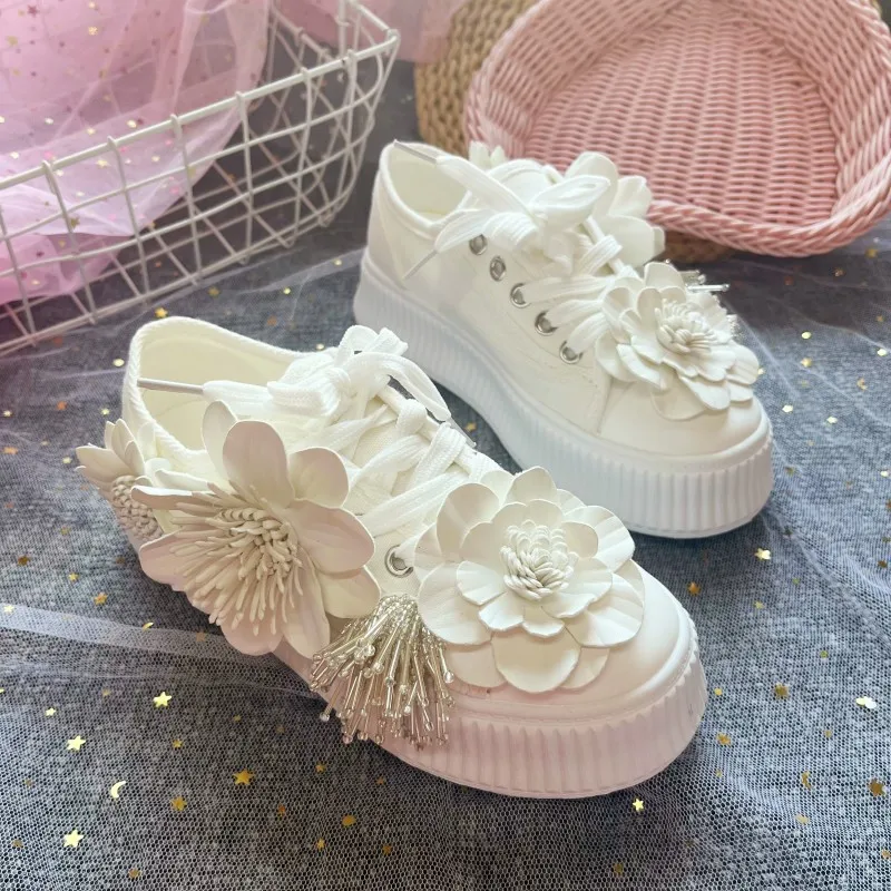 Low-top Flower Canvas Comfortable Women Walking shoes Handmade Flower Casual Shoes Pink White Flat Vulcanized Sneakers