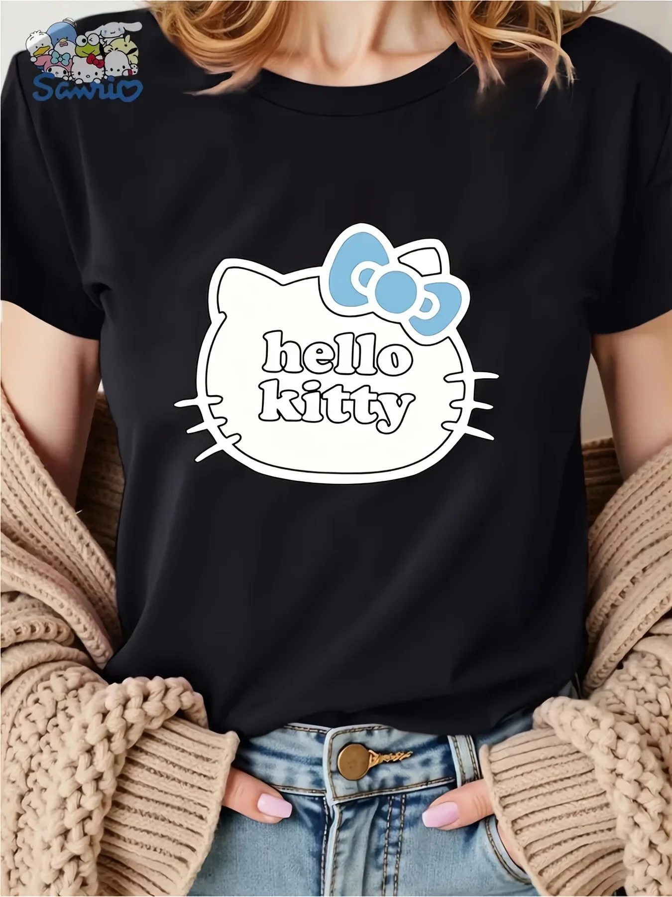 

Women's Hello Kitty Graphic Tee - Lightweight Stretchy Soft Everyday Shirt with Hello Kitty Face & Bow Design, Light Yellow