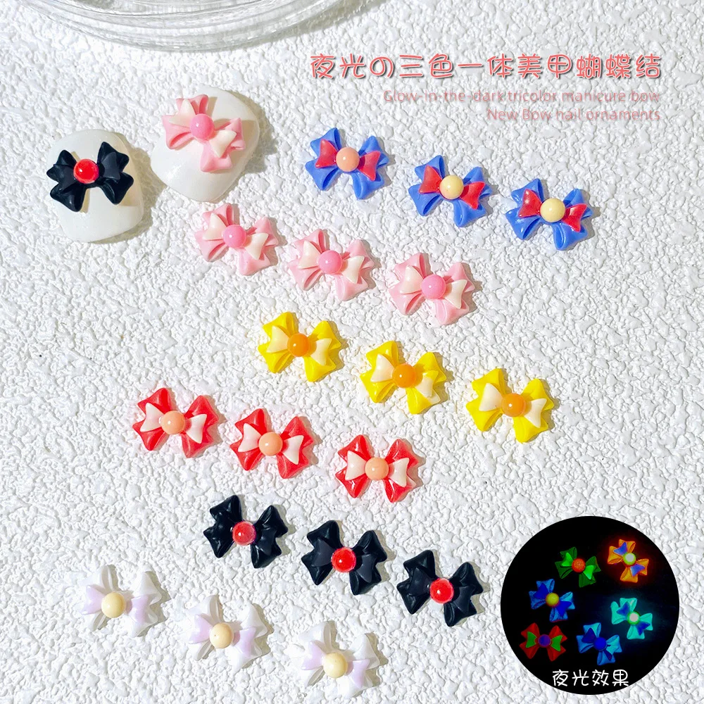 50pcs Glow In The Dark Bow-knot Nail Charm Luminous Kawaii Nail Supplies Valentine 3D 12.5*9.5mm Flat Back Manicure Rhinestones*