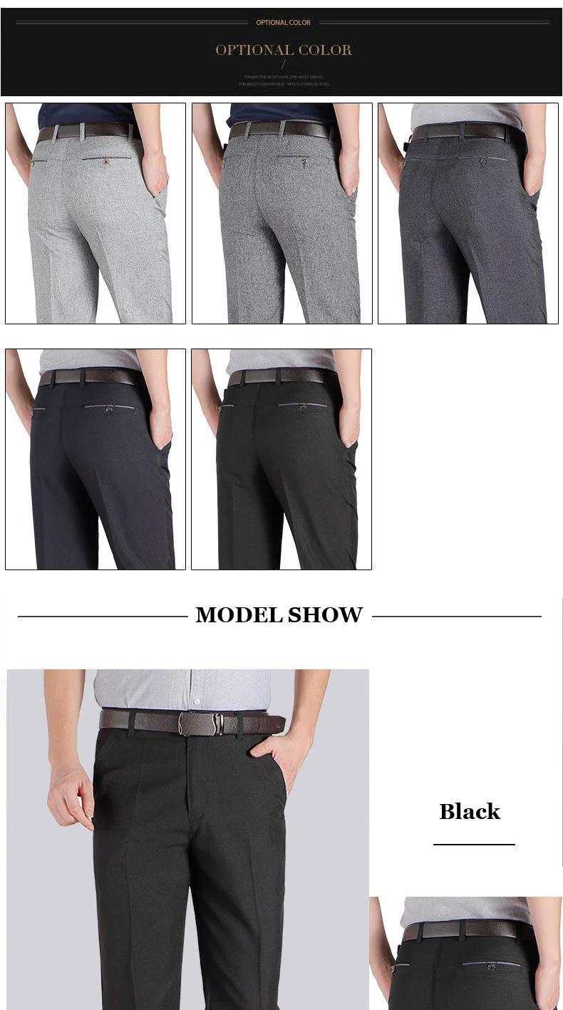 Herren Business-Anzughose, Casual, Mittellange, Weiche, Gepflegte Marken-Arbeitshose, Gerade Passform, Schwarz/Grau, Große Größen 28-40 – Detail 7