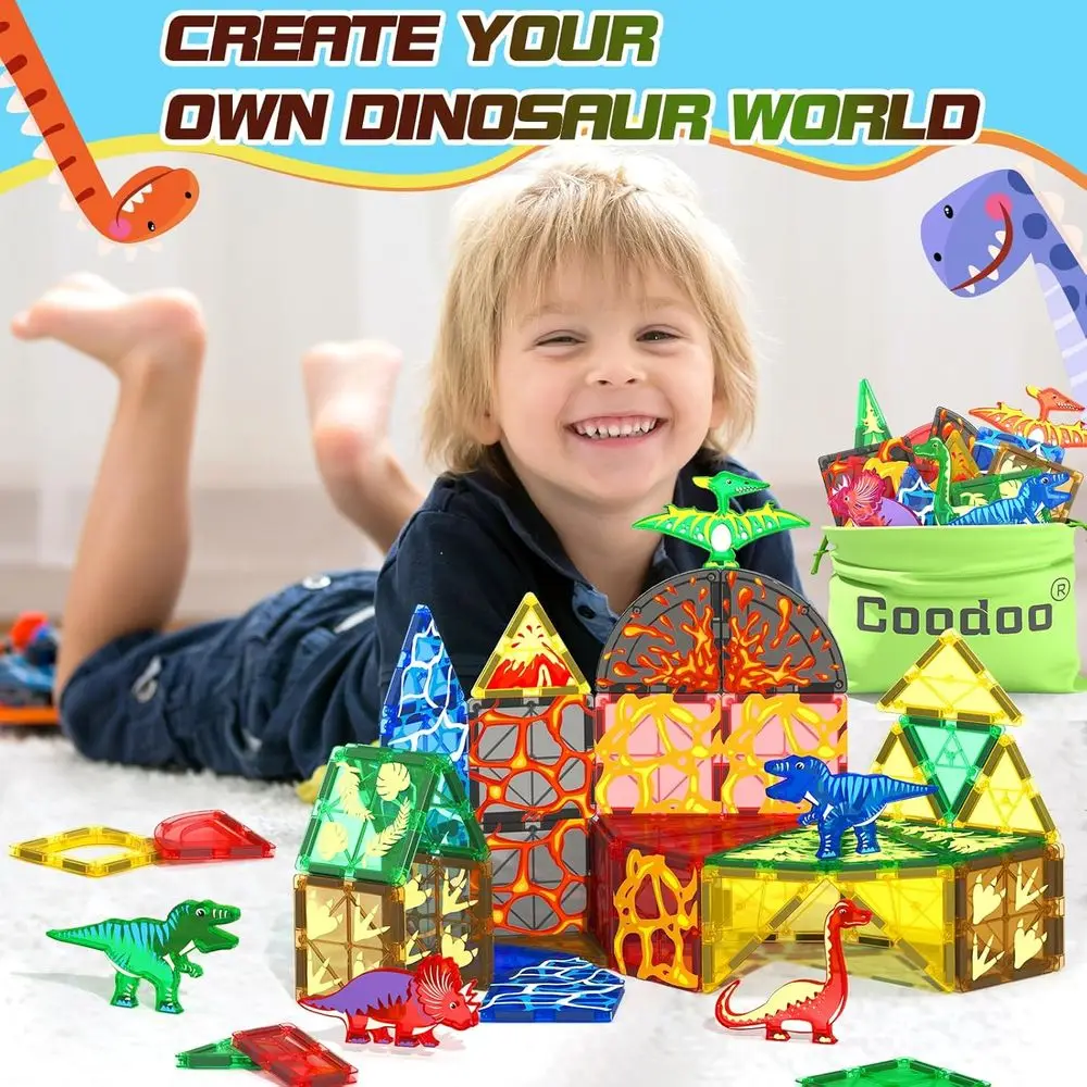 Jurassic Adventure: piastrelle magnetiche di dinosauri da 102 pezzi con 8 figure, set da gioco sensoriale educativo per bambini dai 3 anni in su