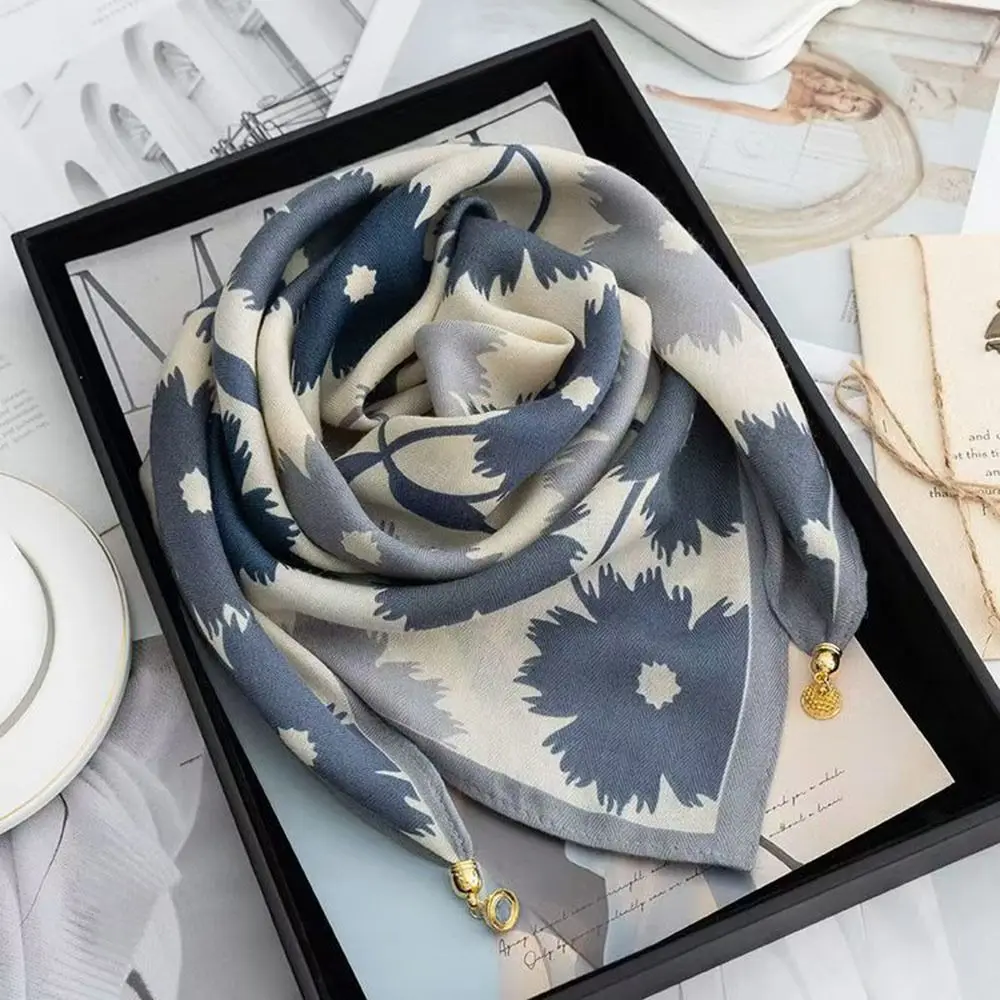 New Magnetic Buckle Silk Scarf Floral Print Lightweight Floral Neck Kerchief Square Shape Pendant Tassel Scarf Daily Decor