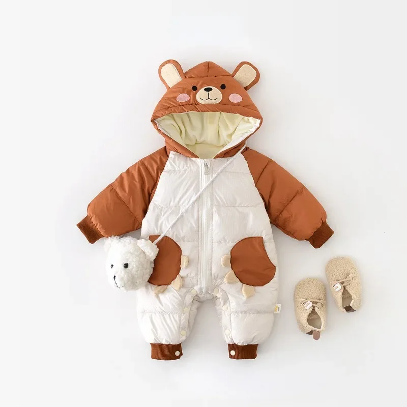 

HoneyCherry Winter Baby Clothes Cartoon Bear Hooded Romper Thickened Padded Warm Cotton-padded Clothes