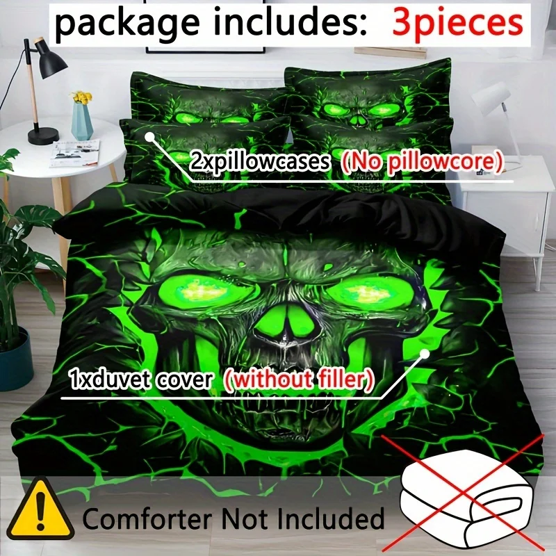 Soft and Comfortable Green Light Skull Pattern Quilt Cover Set - Decorative Bedding Set for Bedroom, Guest Room and Dormitory