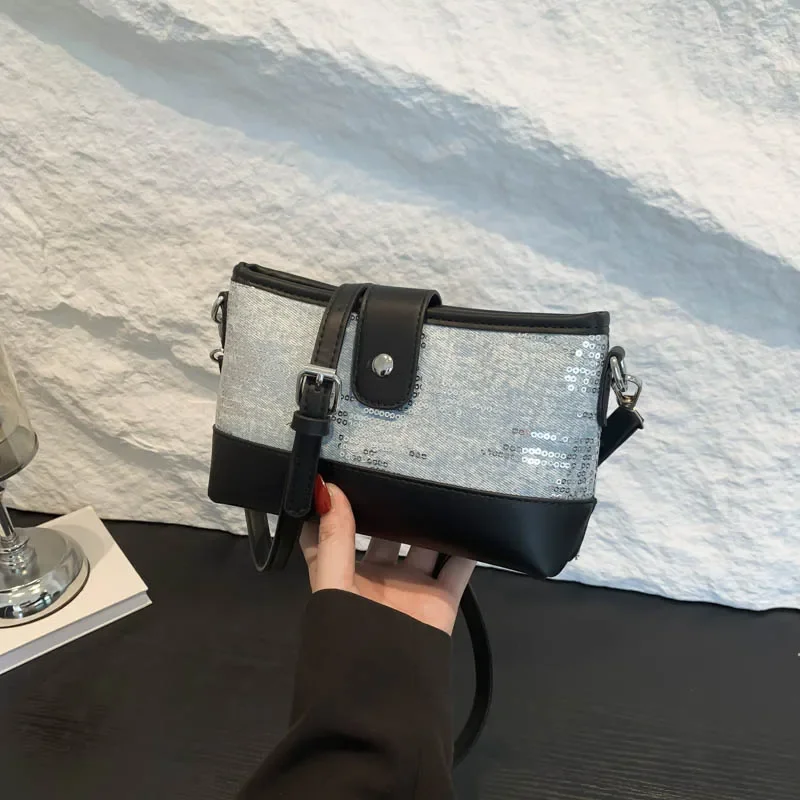 스팽글 장식 PU 데님 스티칭 패션 숄더백, 바느질 버클, 올매치 크로스바디 백, 여성용 2024 핫 세일