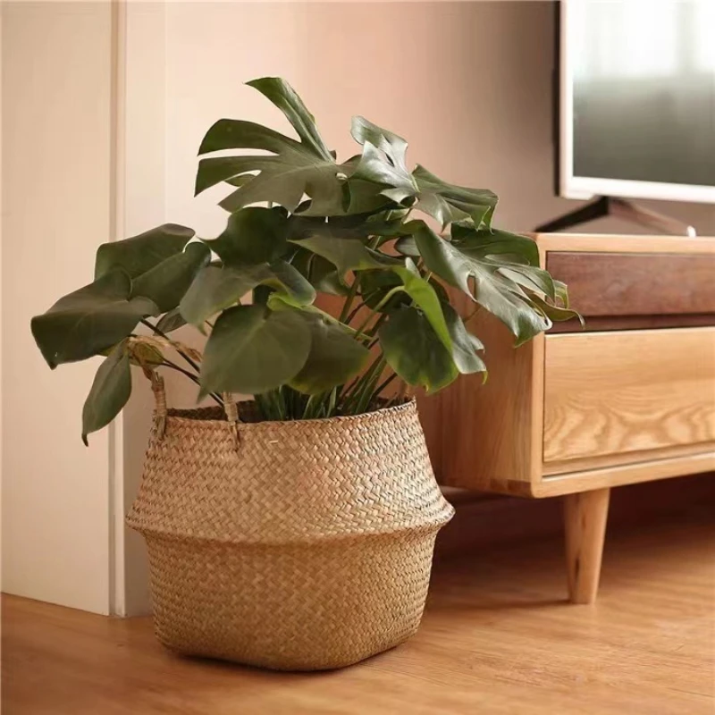

Nordic Style Woven Plant Basket, Handmade Straw Rope Flower Pot Holder with Handles, Foldable Storage Basket for Home Decor