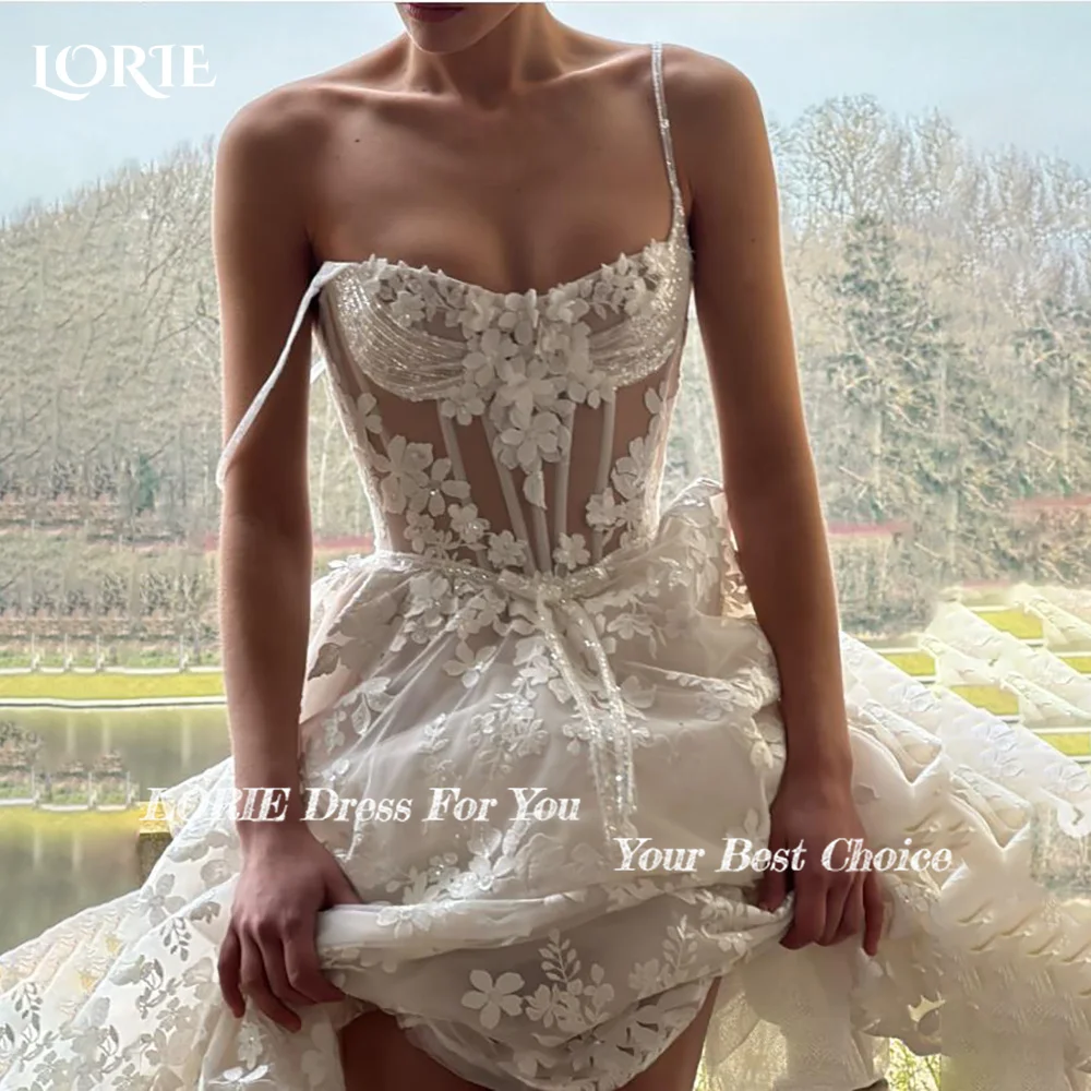 

LORIE Vintage Crepe Lace Wedding Dresses Spahetti Straps Slit Bridal Gown Elegant Mermaid Pleats Illusion Bride Dress Customized