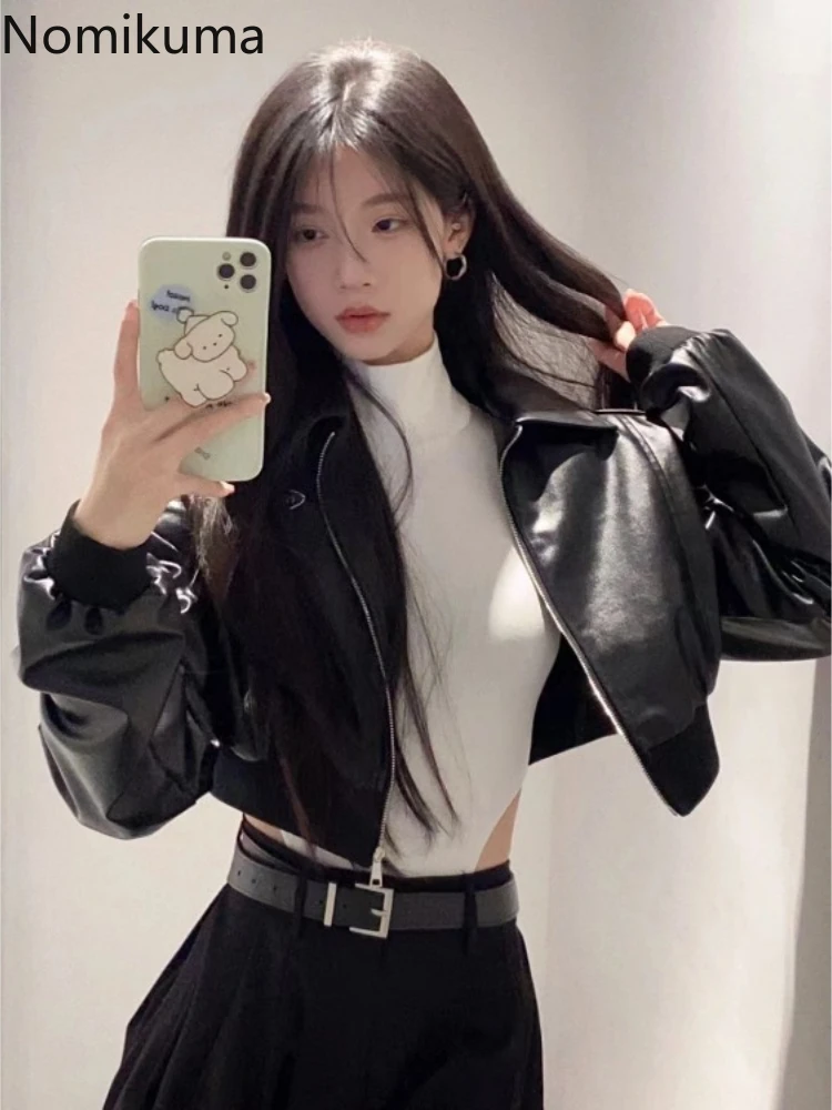 Black Leather Jackets for Women Streetwear Harajuku Y2k Tops 2024 Ropa Mujer Fashion Korean Outwear Zipper Casual PU Crop Coats