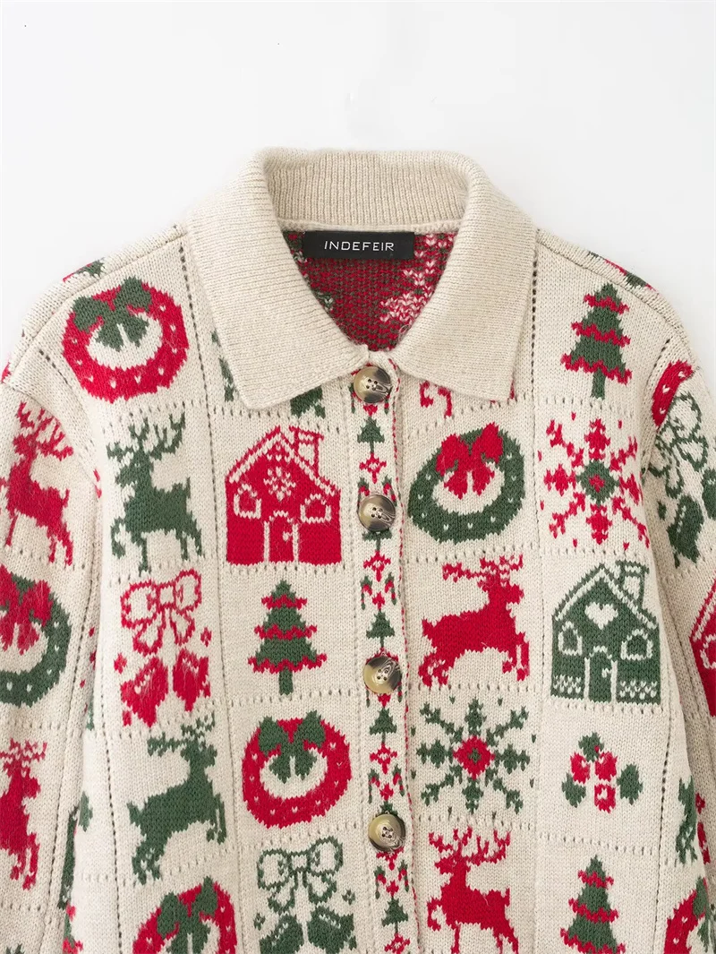 سترة نسائية 2025 شتاء جديد الجاكار طويلة الأكمام عيد الميلاد الزخرفية نمط سترة مشغولة من الصوف سترة موضة عادية #3