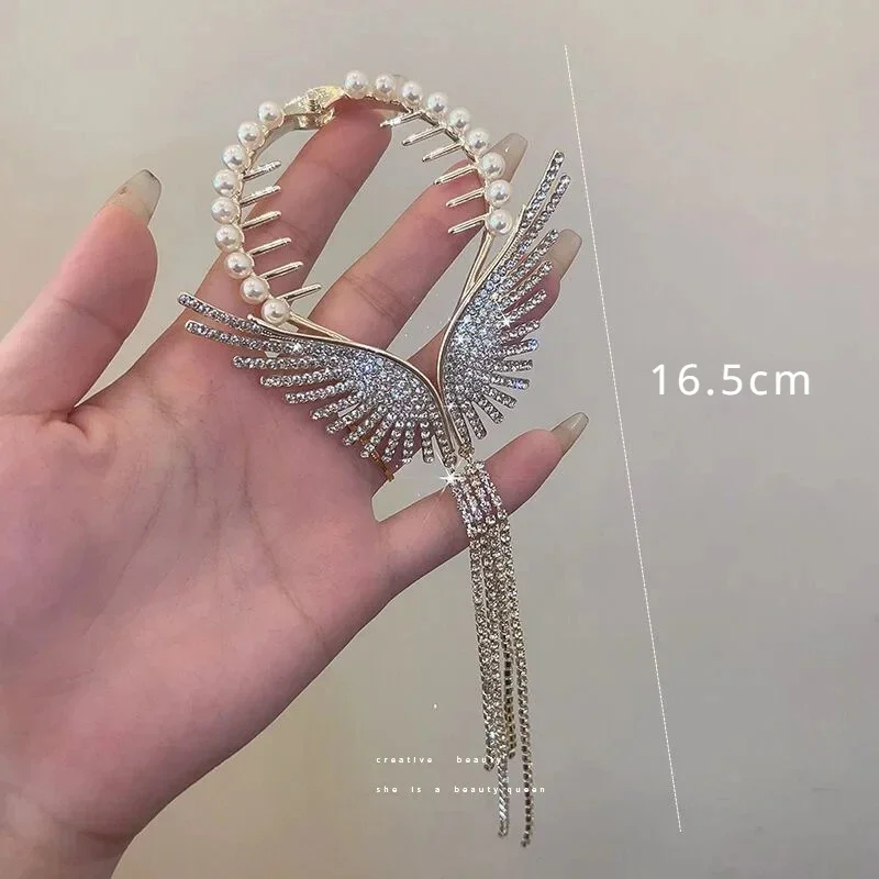 Delicate Angel Wings Ponytail Clasp Pearl Rhinestone Tassel Hair Clips Korea Elegant Shark Clip Girls Sweet Hair Accessories
