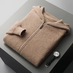 Autumn and Winter Men's 100% Merino Wool Hooded Cardigan  Thickened Knit Large-size Jacket Casual Long Sleeved Sportswear Coat