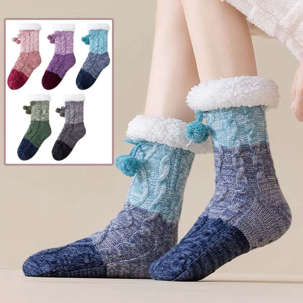 

Simple Patchwork Thick Thermal Socks Anti Slip Knitted Plush Floor Socks Warm Hosiery Fleece Socks Women Indoor