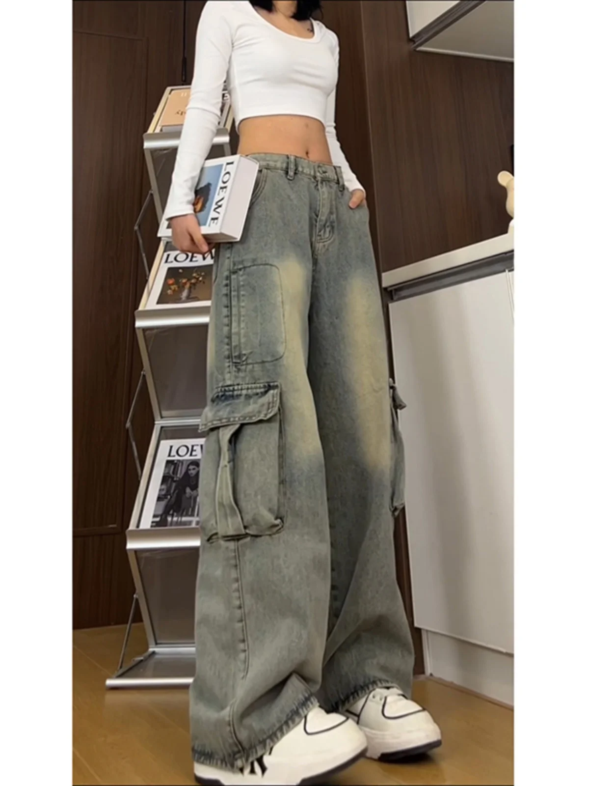 

American Sle Vintage Blue Denim Workwear Pants Men's Loose High Waist Wide Leg Pants Straight Cut Casual Trousers