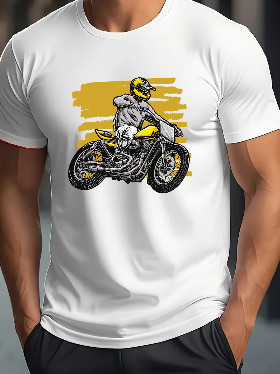 

White Short Sleeve Graphic T-Shirt with Vintage Motorcycle Rider Print for Men's Casual Style