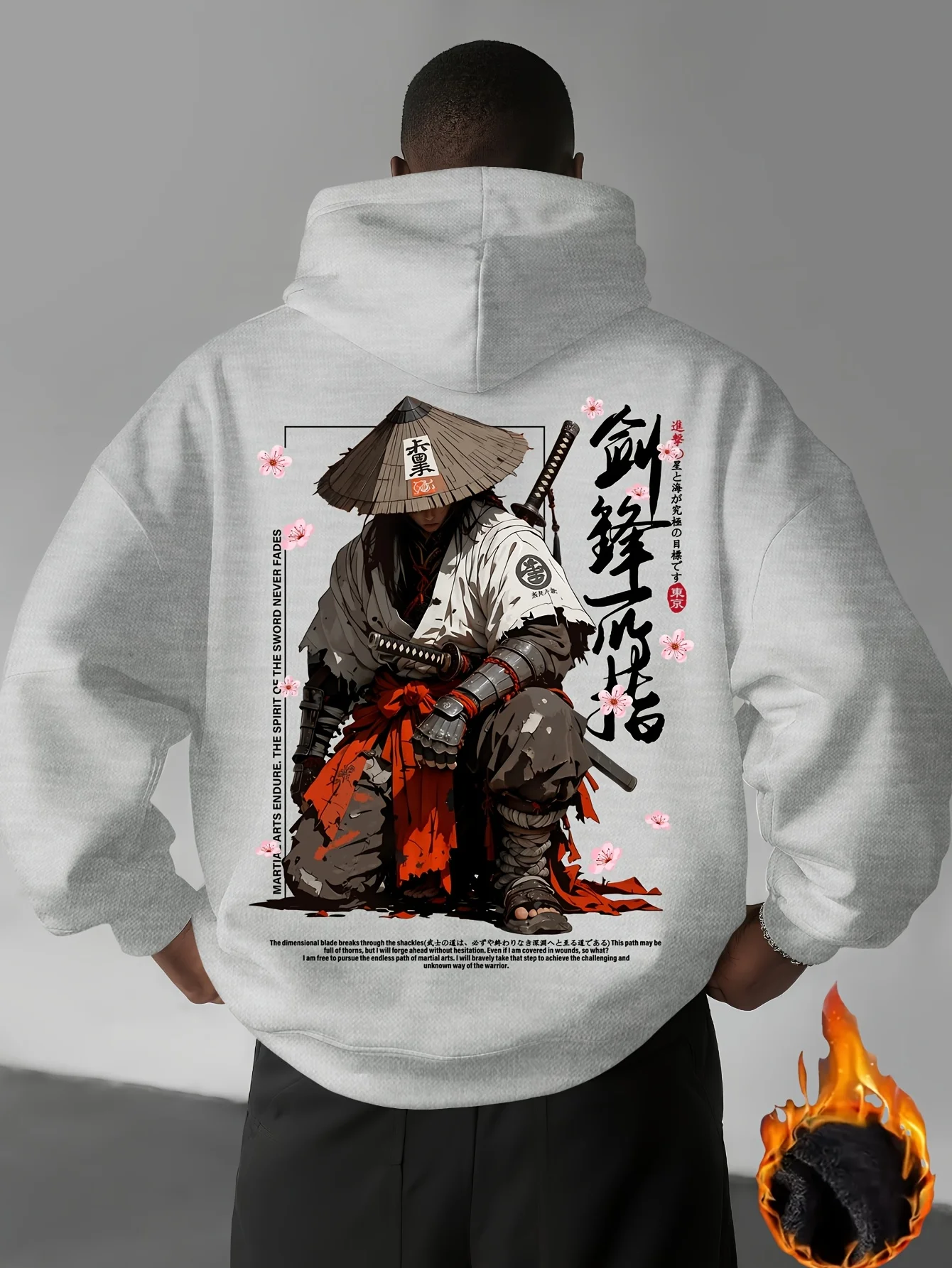 Men Japanese Samurai Sword Graphic Hoodie Fleece Lined Loose Pullover Sweatshirt Autumn Winter Streetwear Long Sleeve Hooded Top