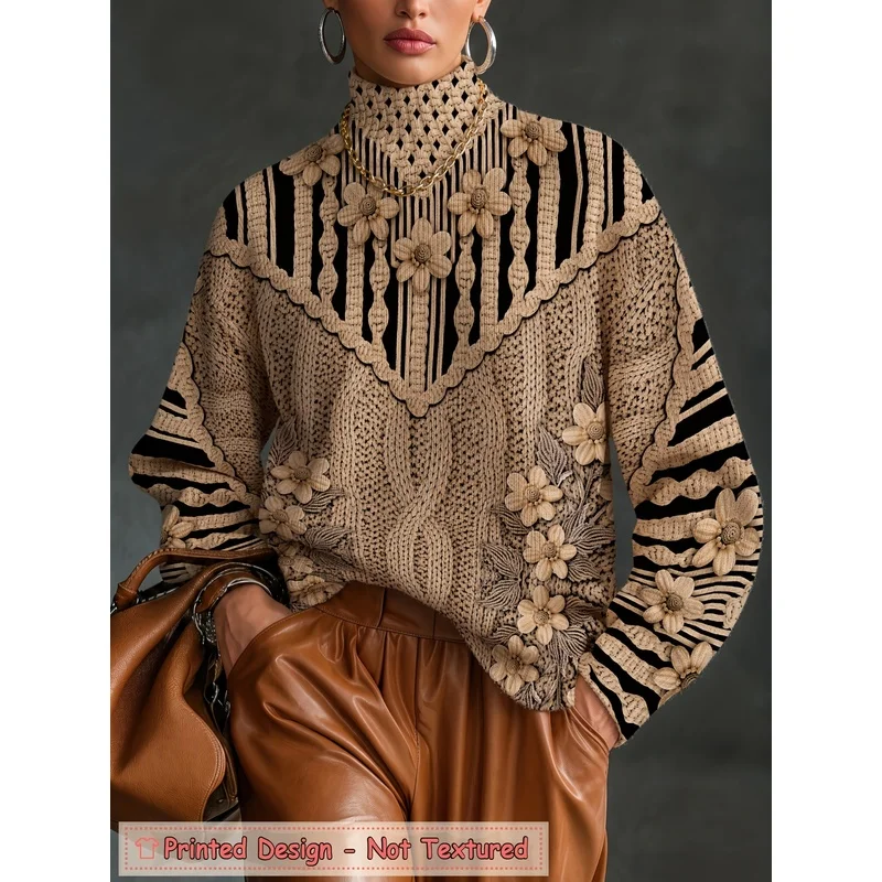 Women's Lattice Floral Print Turtleneck Sweater Long Sleeve Knit Pullover Loose Casual Warm Autumn Winter Fashion Jumper Top