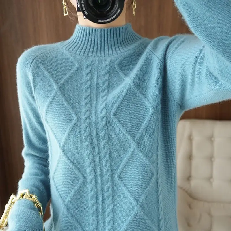 2023 Autumn Winter Women Fashion Half High Collar Soft Warm Knitted Sweater Female Solid Long Sleeve Loose Pullover Tops Jumpers