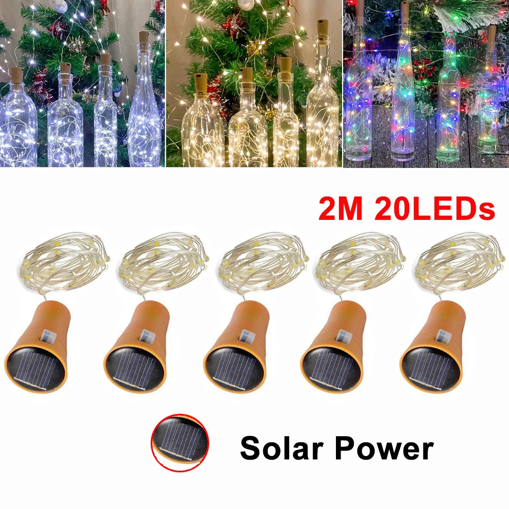 Solar 20LED Wine Bottle Lights Cork Shape Fairy Lights Garland Christmas Light Copper Wire Home Room Decoration Lamp