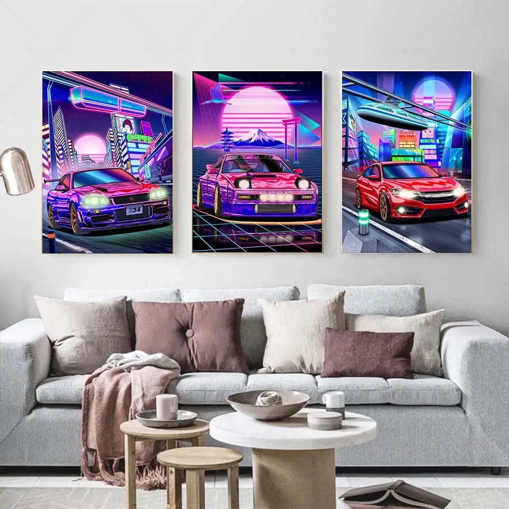 80S Tokyo Neon Street Racing Nissan GTR Synthwave Poster Vintage Japanese Cars Wall Art Canvas Painting Print Living Room Decor