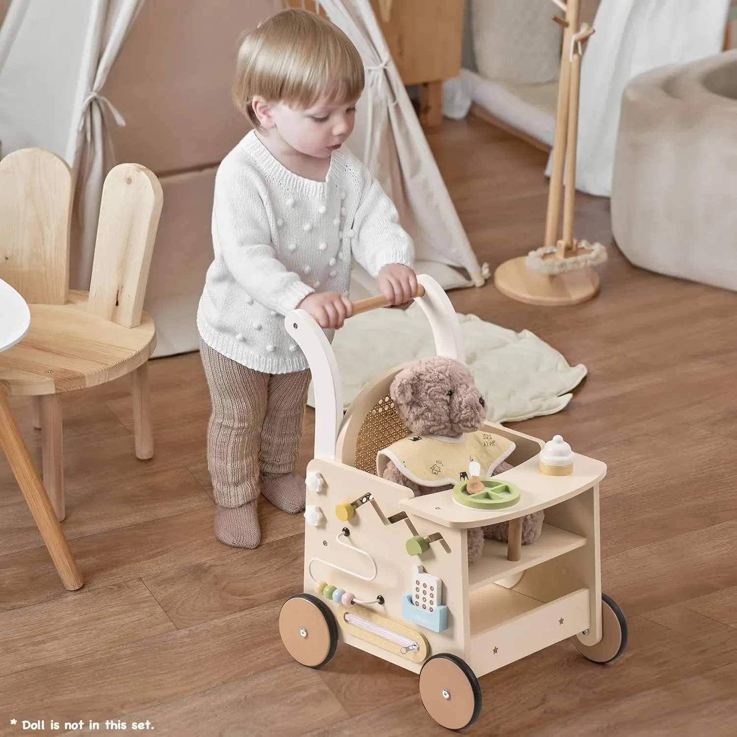 Robud Wooden Baby Push Walker Baby Activity Center Toys Walking Activity Center Push Toys with Safety Brake Baby Doll Walker