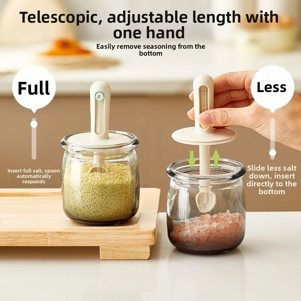 Leak Proof Glass Seasoning Bottle Retractable Spoon Moisture Proof Airtight Condiment Jar Light Proof Multifunctional