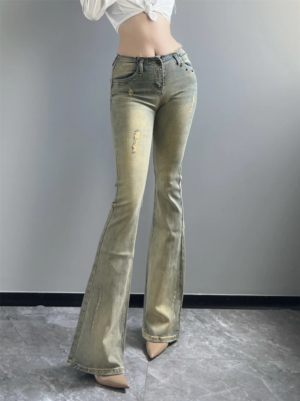 

Retro American Style Washed Vintage Jeans Women 2024 Autumn New Sexy Low Waist Slim Slightly Flared Floor Length Pants O5NT